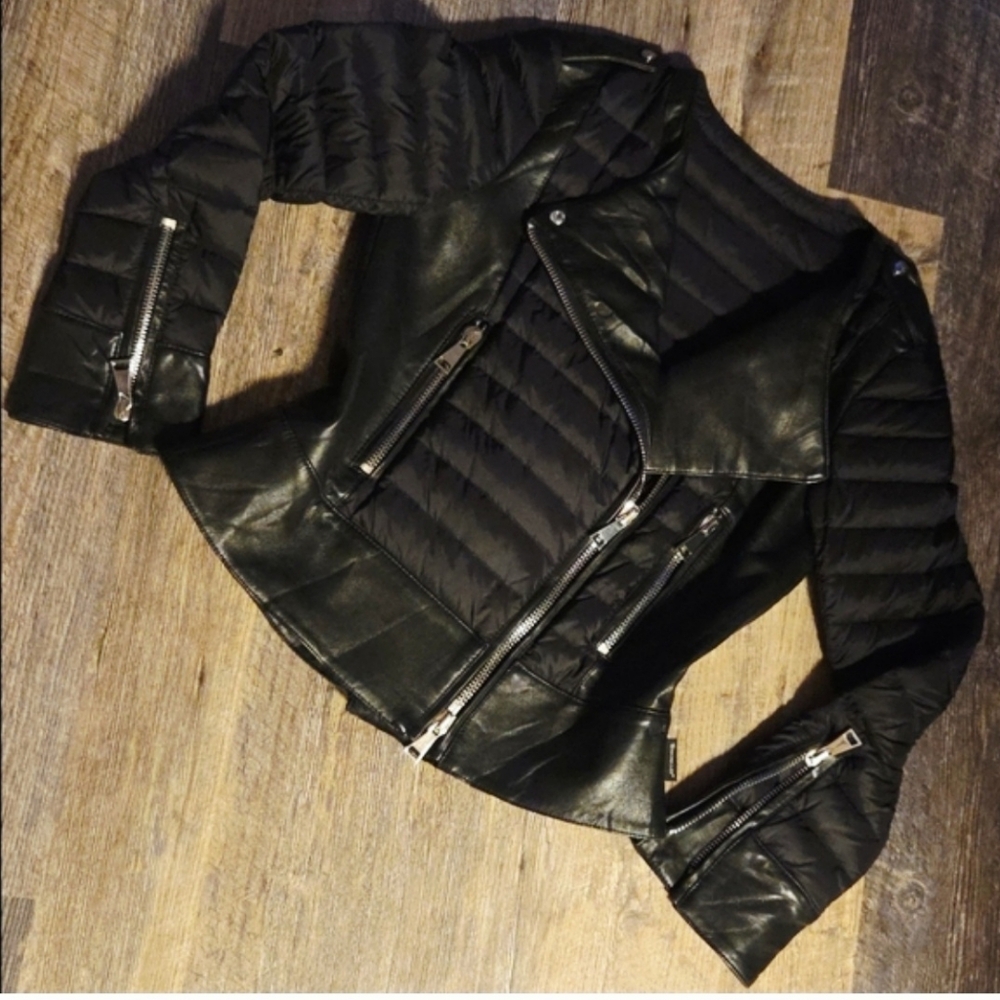 Moncler 3/Large Black Puffer Leather Biker Moto Goose Down Wemon's Double Zipper